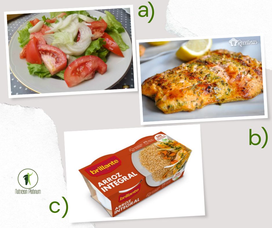 Ensalada de tomate con lechuga y cebolla con salmon y 1 vasito de arroz integral.